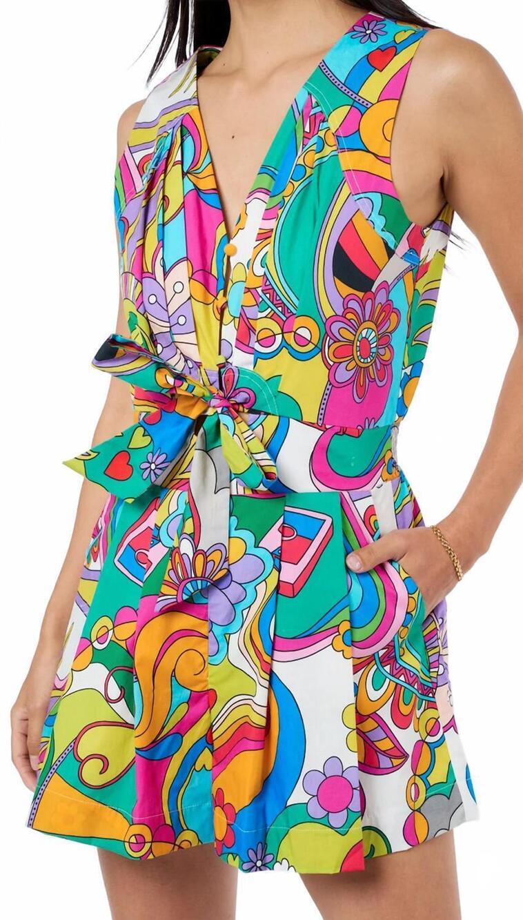 NEW CIEBON maritza psychedelic print cotton romper in pink multi